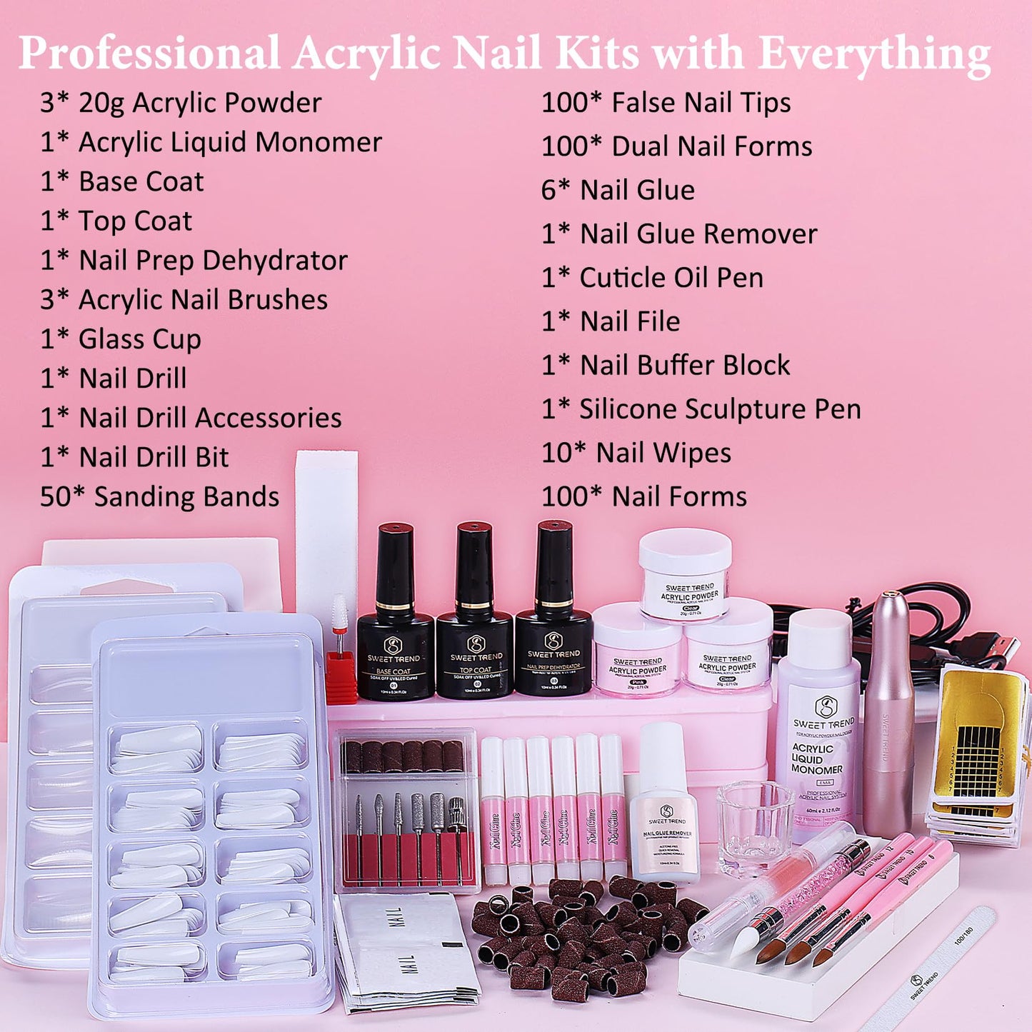 Acrylic Nail Kit with Drill: 20g Clear White Pink Acrylic Powder and Liquid