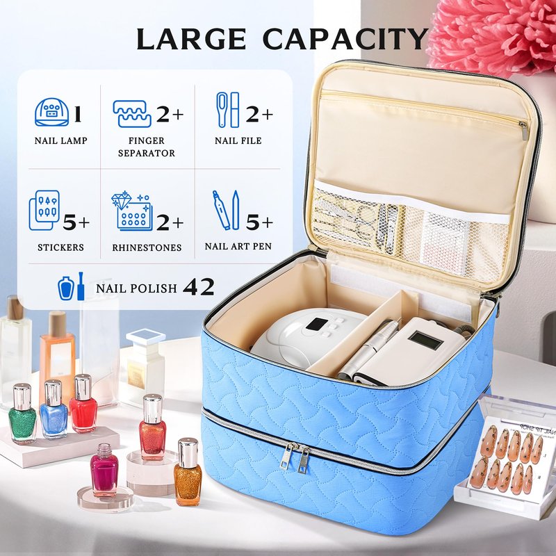 DreamGenius Nail Polish Organizer Case Holds 42 Bottles, Portable Double-Layer Nail Polish Storage Bag with Adjustable Dividers for Manicure Tools, Light Blue