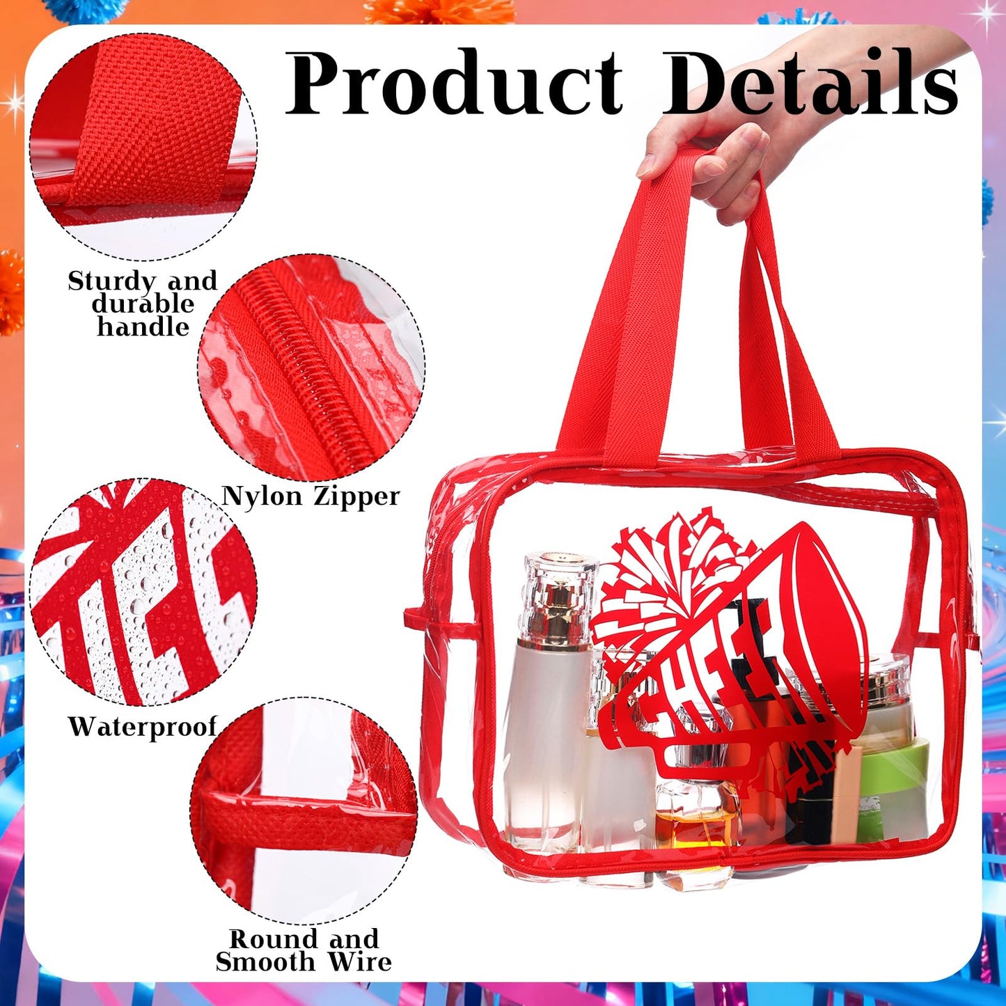 Kacctyen 12 Pcs Cheer Large Clear Toiletry Cosmetic Makeup Bag with Zipper and Handle Cheer Snack Bag Bulk for Team 12 x 9 x 4 Gift Bags Tote Pouch Cheerleading Teammates Party Supplies(Red)