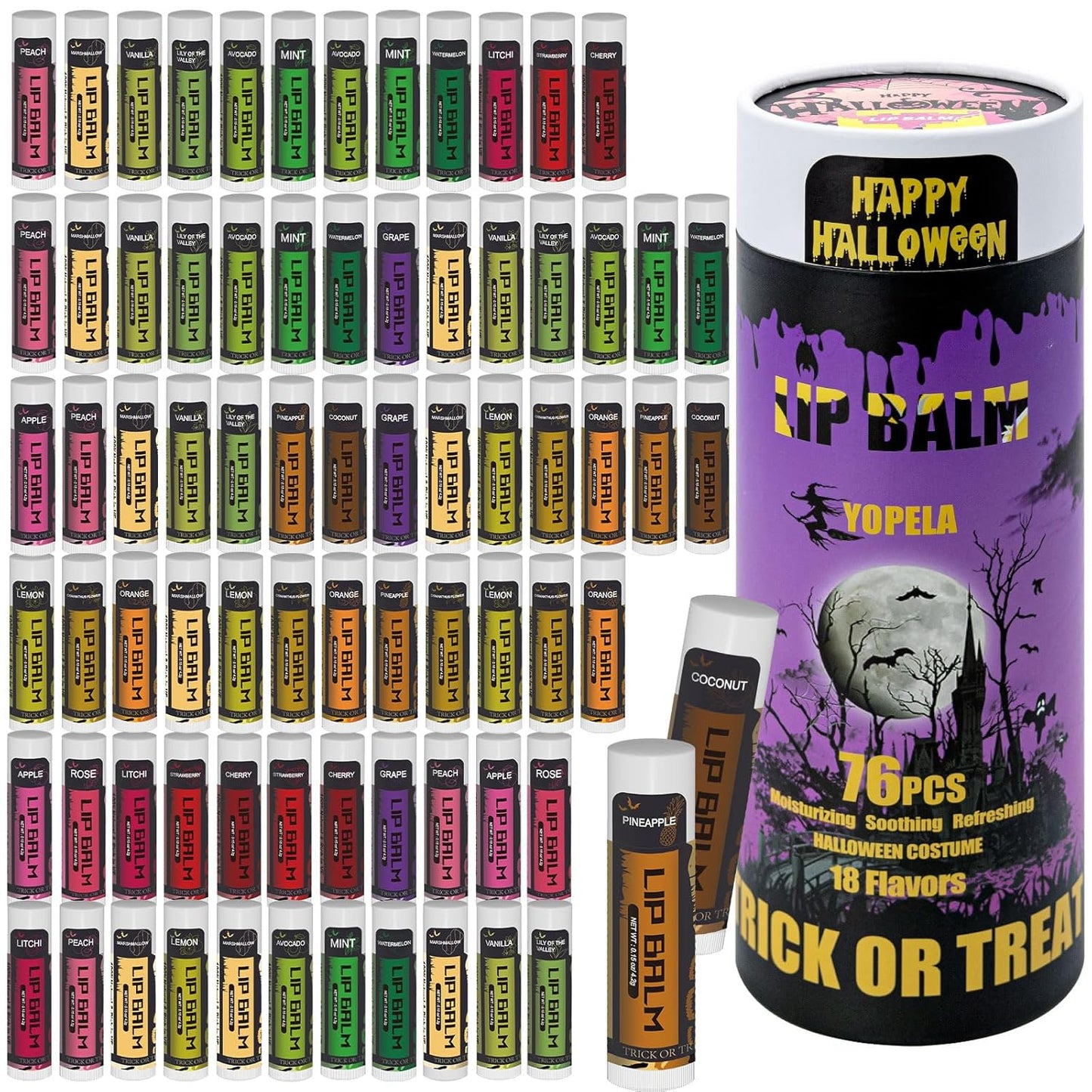 Yopela Halloween Lip Balm Set - 76 Packs of 18 Flavors | Moisturizing Chap Stick for Men, Women & Kids