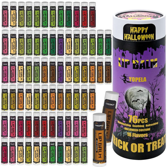 Yopela Halloween Lip Balm Set - 76 Packs of 18 Flavors | Moisturizing Chap Stick for Men, Women & Kids