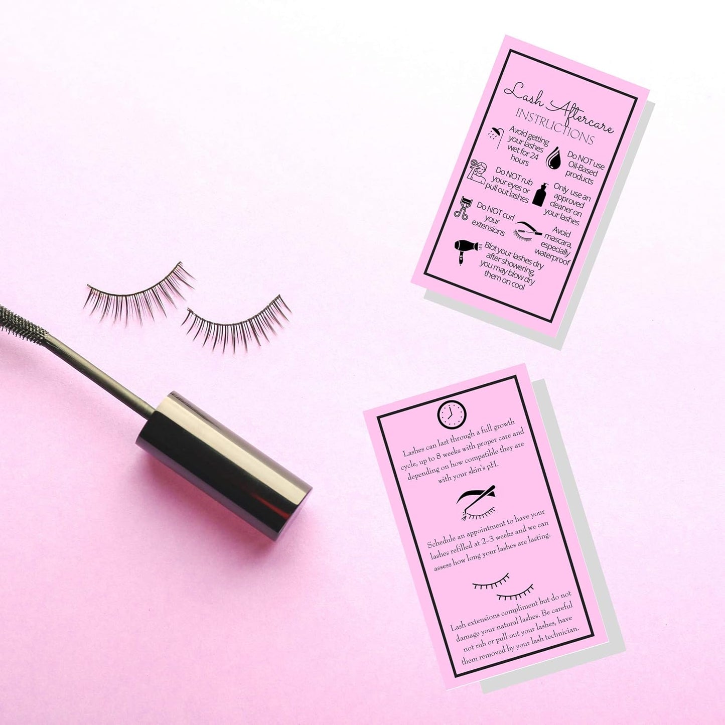Lash Extension Aftercare Instructions Cards - Double-Sided 2x3.5" | 250 Pack in Bubblegum Pink with Visuals