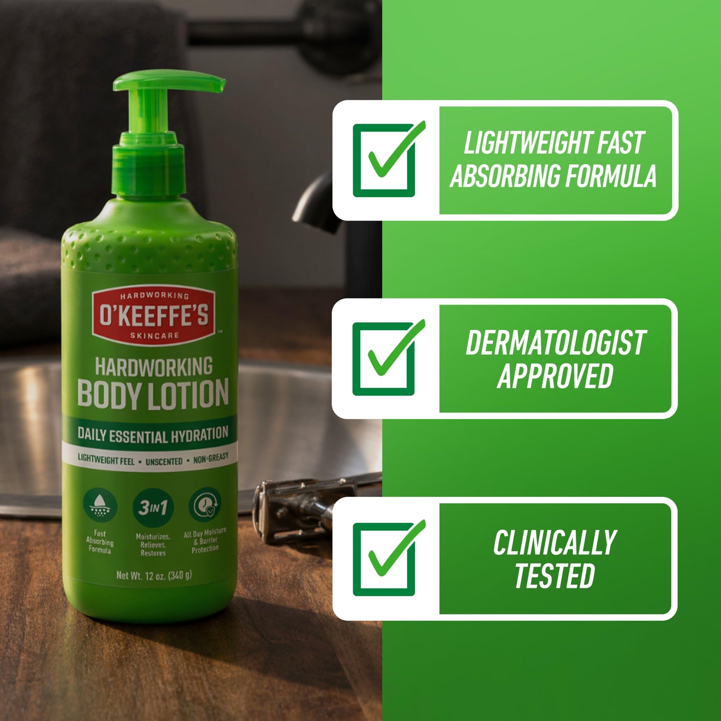 O’Keeffe’s Hardworking Body Lotion, Deep Hydration for Extremely Dry & Cracked Skin, 12 oz Pump (2 Pack), Fragrance-Free & Hypoallergenic, Non-Greasy Fast-Absorbing Formula