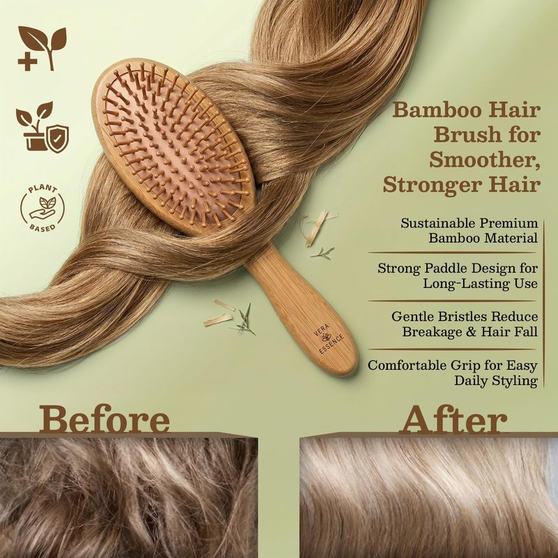 Bamboo Hair Growth Brush - Natural Bristle Detangling Paddle for All Hair Types | Ergonomic Handle for Men & Women
