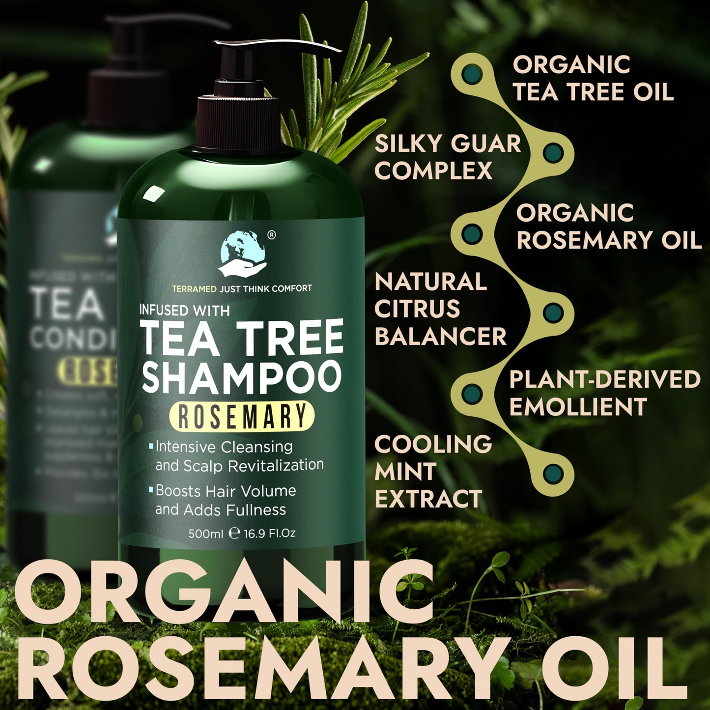 Rosemary Shampoo and Conditioner Set Infused with Tea Tree & Rosemary Oils for Scalp Relief and Hair Growth | Sulfate Free, Soothes Dry Scalp, Boosts Shine + Free Scalp Brush | 16.9 fl oz