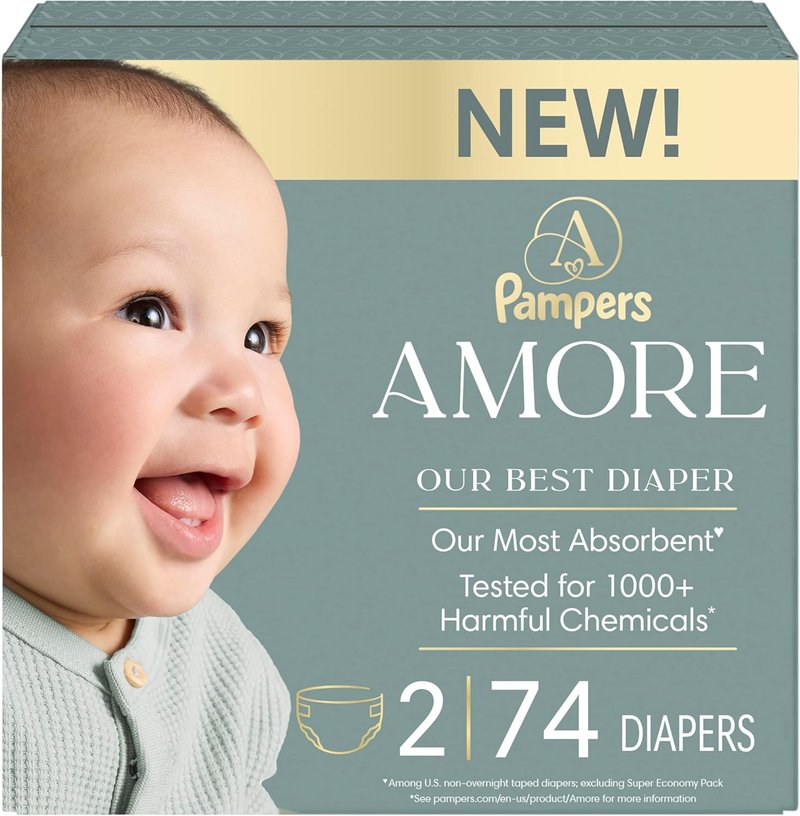 Pampers Amore Diapers - Size 2 (10-22 lbs) | Hypoallergenic, Fragrance-Free & Ultra-Soft