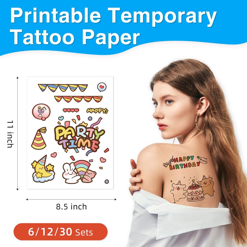 Printable Temporary Tattoo Paper for INKJET Printer, 30-Sets Custom Tattoo Printer Sticker 8.5X11", DIY Personal Clear Transfer Paper for Kids, Family, Christmas, Birthdays, Parties, Festivals