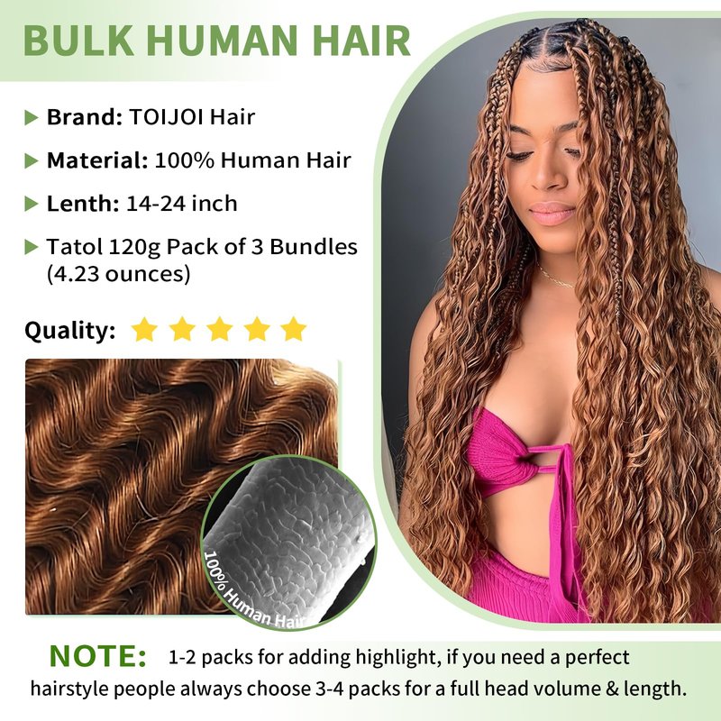 Human Braiding Hair for Boho Braids 120g 12A Deep Water Wave Bulk Human Hair Knotless Boho Braiding Curly 100% Virgin No Weft Extensions Bohemian Braids 3 Bundles/Pack Chocolate Brown 14 Inch