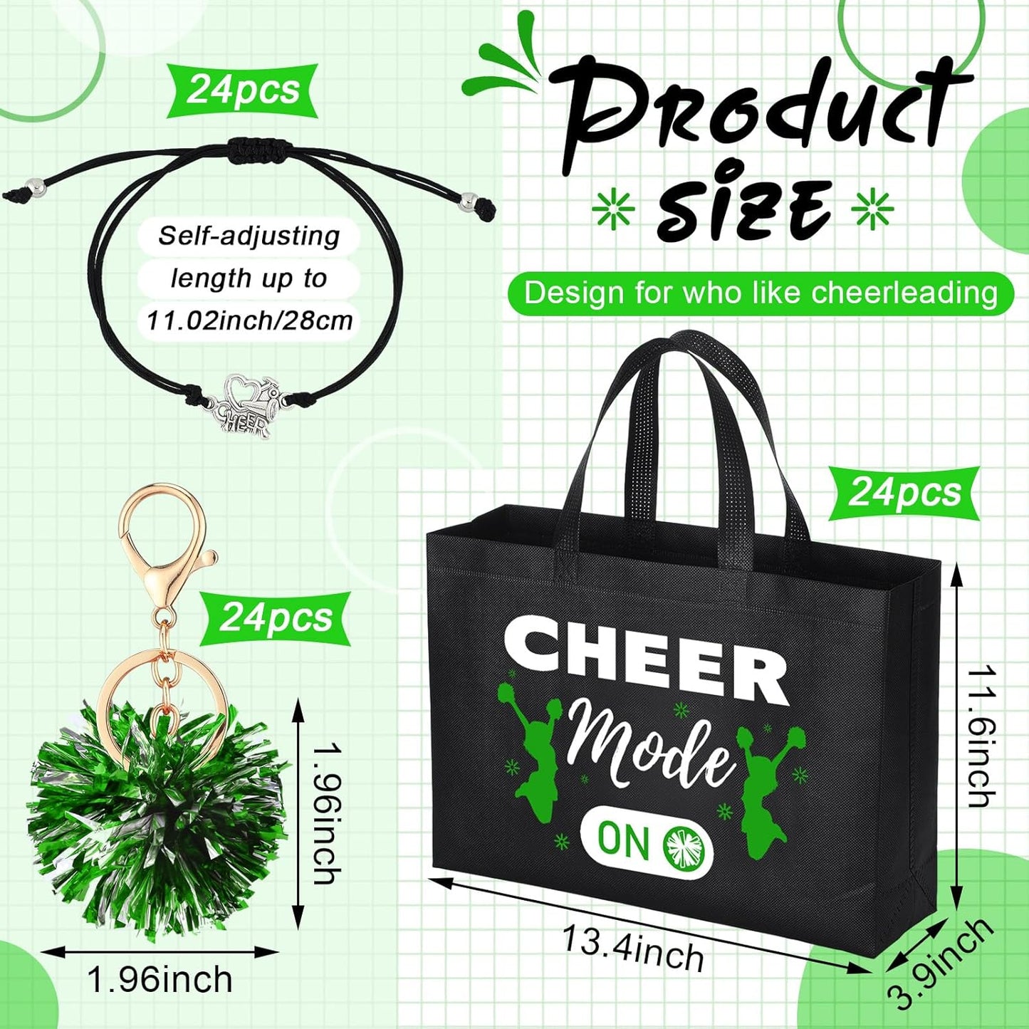 Cheerleading Gifts Set - 72 Pcs Green Cheer Bags, Pom Pom Keychains & Bracelets | Perfect for Female Teammates