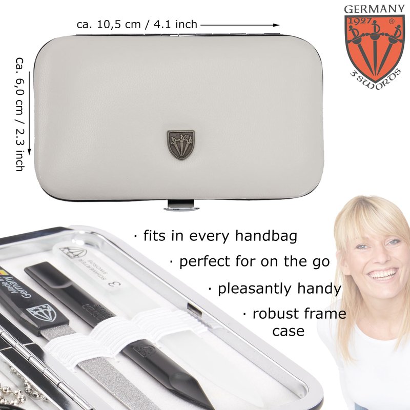3 Swords Germany - Brand Quality 6 piece Manicure Pedicure Grooming kit Set - Scissors, Metal and Glass Nail File, Clipper, Tweezers with Synthetic Leather case - White/Black Tools