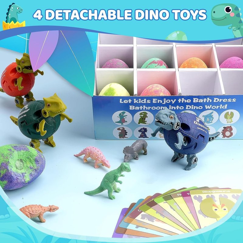 Dinosaur Bath Bombs for Kids - 16 Pack Organic Surprise Toys Gift Set | Fun Bubble Bath for Ages 3-9