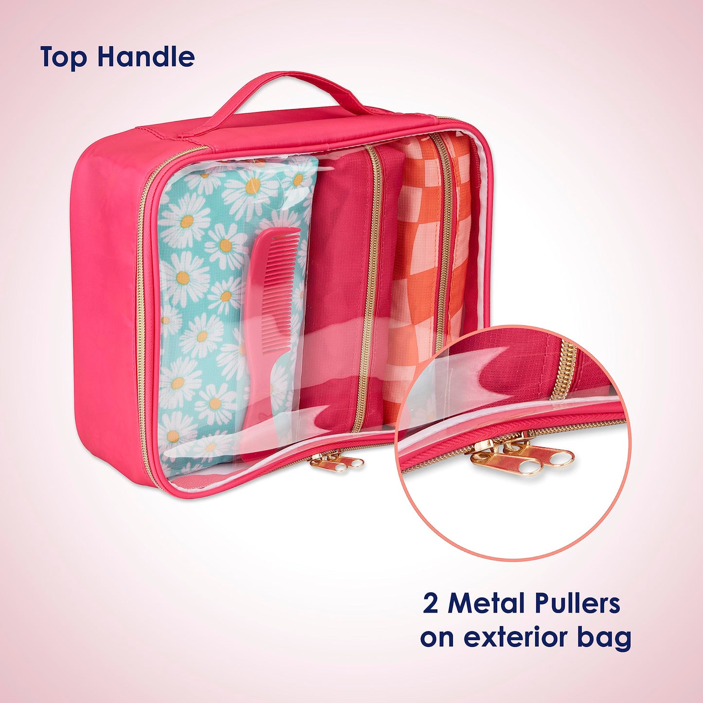 Conair 5 Piece Toiletry and Cosmetic Bag Set Under $30, Includes 4 Makeup Bags and 1 Travel Comb in Pink and Daisy Prints (Pack of 2)