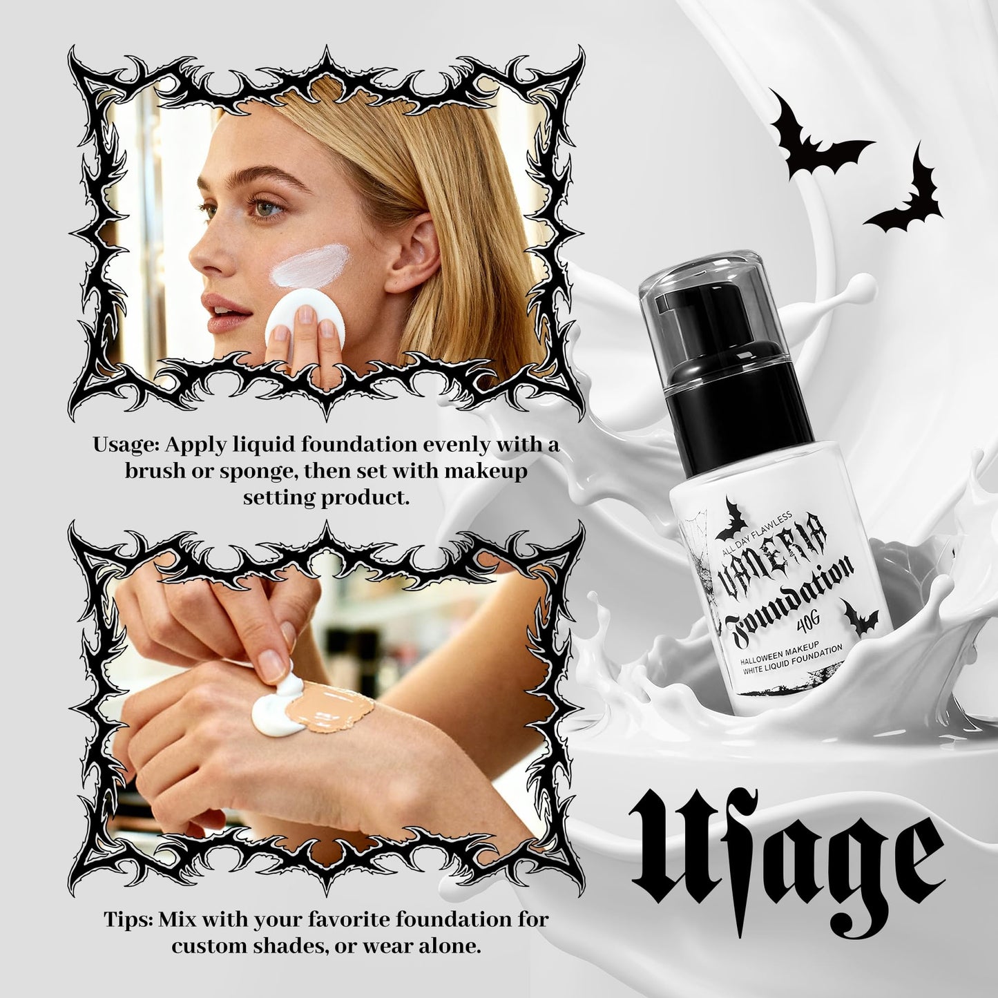 VANERIA White Foundation, Goth Foundation Liquide Makeup, Clown Makeup, Blanco Face Paint, Full-Coverage Waterproof, Mixer Use or White Base for Halloween, Cosplay, Stage, Mime & Film.30ML