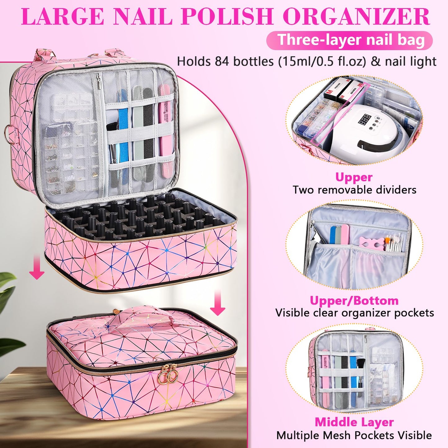 QIYFDDF Nail Polish Organizer Bag,3-layer Pink PU Leather Nail Organizer and storage,Holds 84 Bottles of Nail Polish and Nail Lamp,Large Holder Travel Carrying Case.
