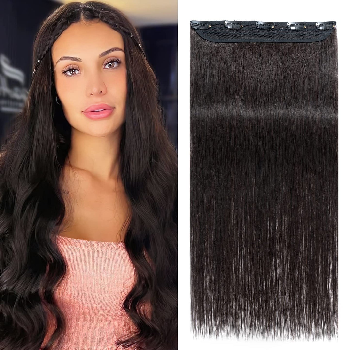Benehair Clip-in Real Human Hair Extensions, One Piece Human Hair Extension, 3/4 Full Head with 5 Clips 1 Piece Hair Clip in for Women with Thinning Hair #1B Natural Black, 18Inch