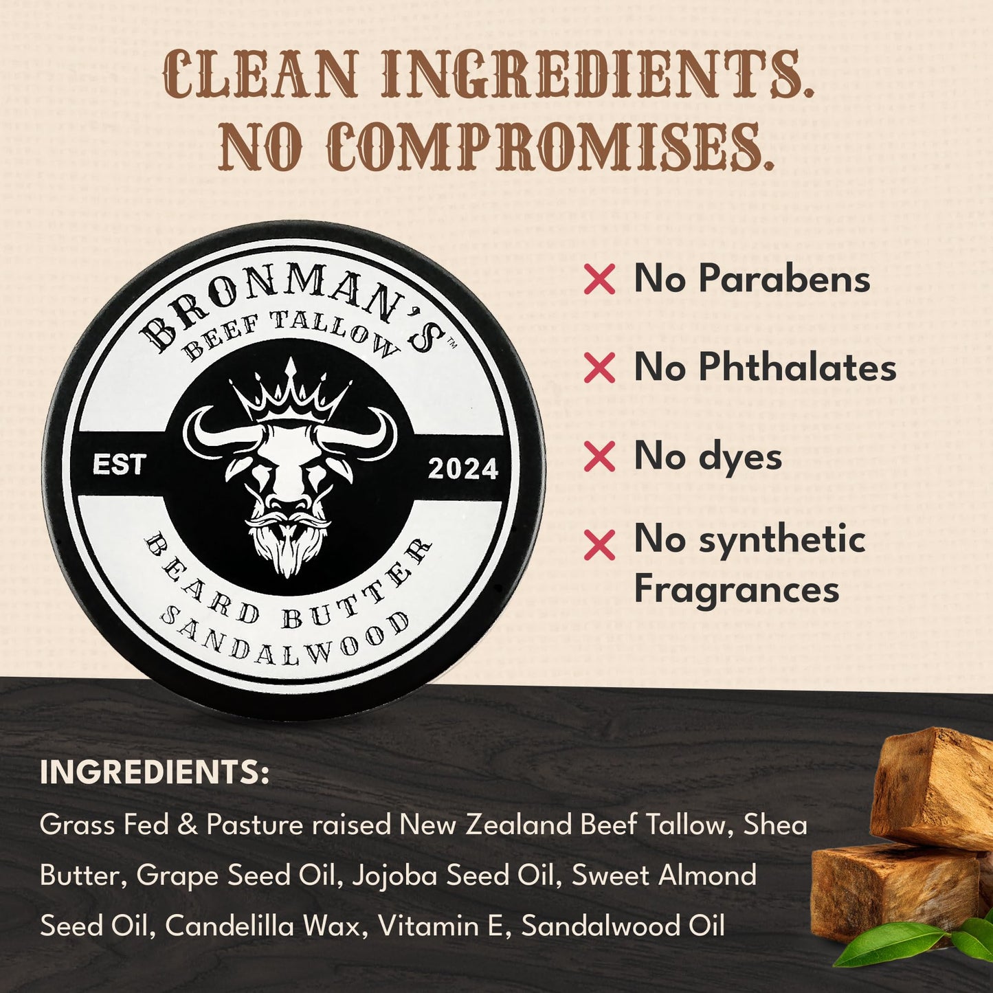 Bronmans Beef Tallow Beard Butter for Men - 4oz - Hydrating Sandalwood Beard and Skin Balm with Shea Butter - Deeply Moisturizing Tallow