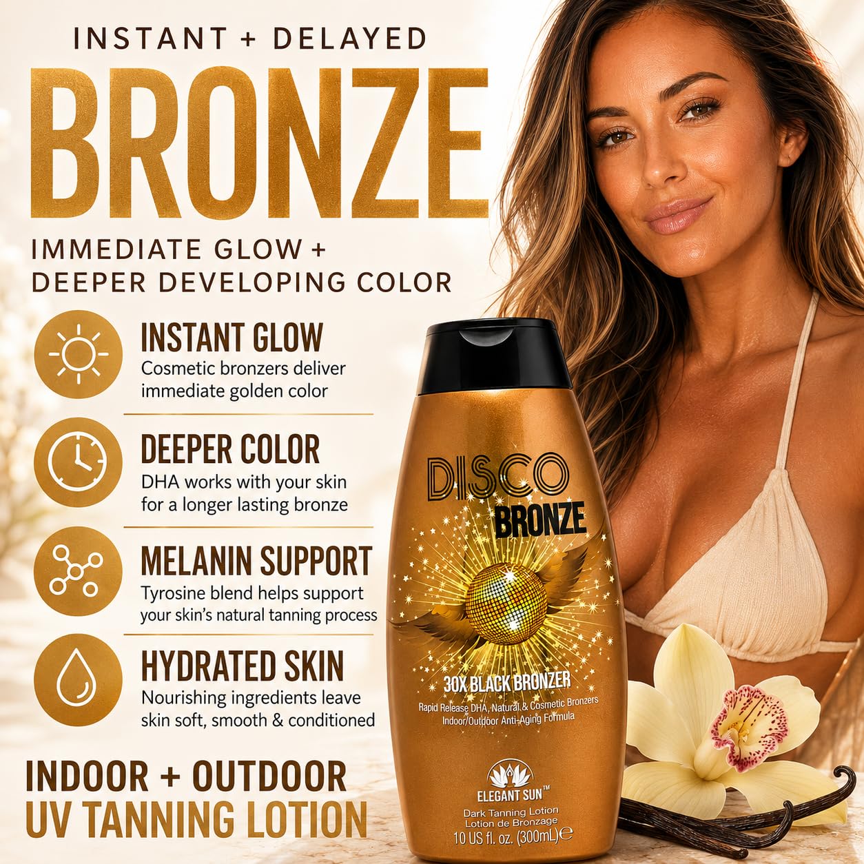 Disco Bronze 30X Black Bronzer Tanning Lotion - Indoor & Outdoor UV Tan Accelerator with DHA, Natural & Cosmetic Bronzers, Proprietary Melanin Boosting Formula, Made in USA for Men & Women – 10 oz
