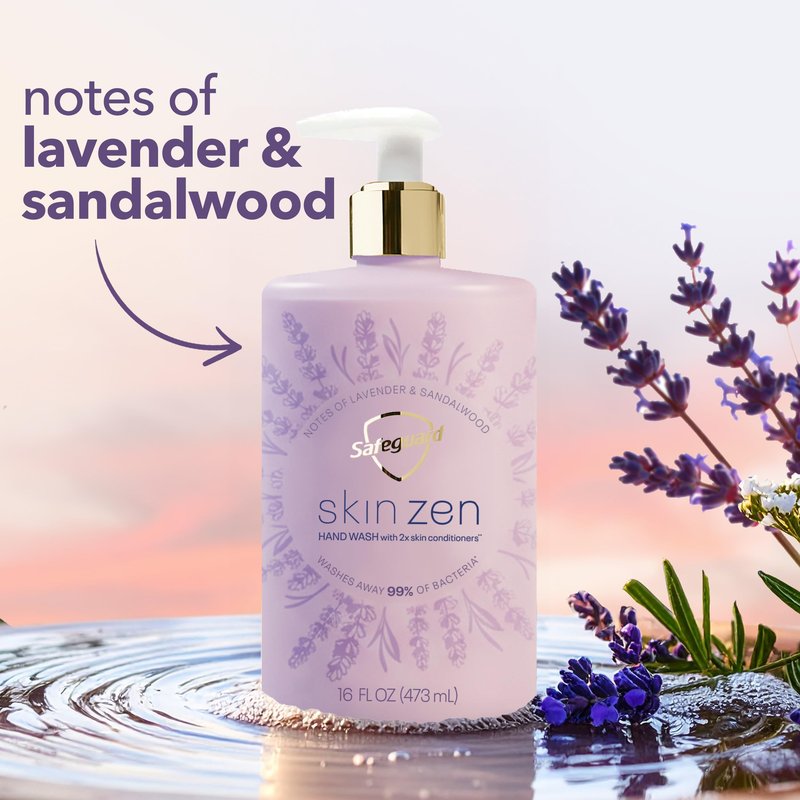 Safeguard Liquid Hand Soap, Skin Zen, Washes Away 99% Bacteria, Made with Natural Moisturizers & 2X Skin Conditioners, Safeguarding Families, PH Balanced Formula, Lavender & Sandalwood Scent, 16 oz