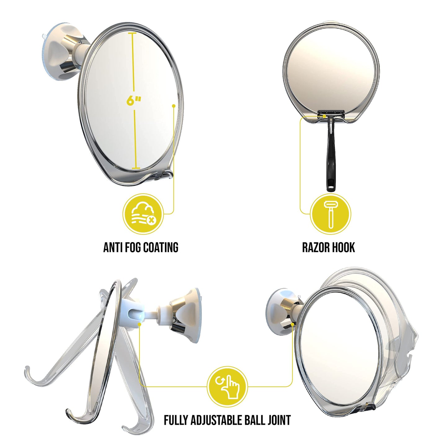 Luxo Shower Mirror, Shaving Mirror with a Razor Holder for Shower and Powerful Suction Cup - Shatterproof Shower Mirror fogless for Shaving, fogless Mirror for Shower and Tweezers