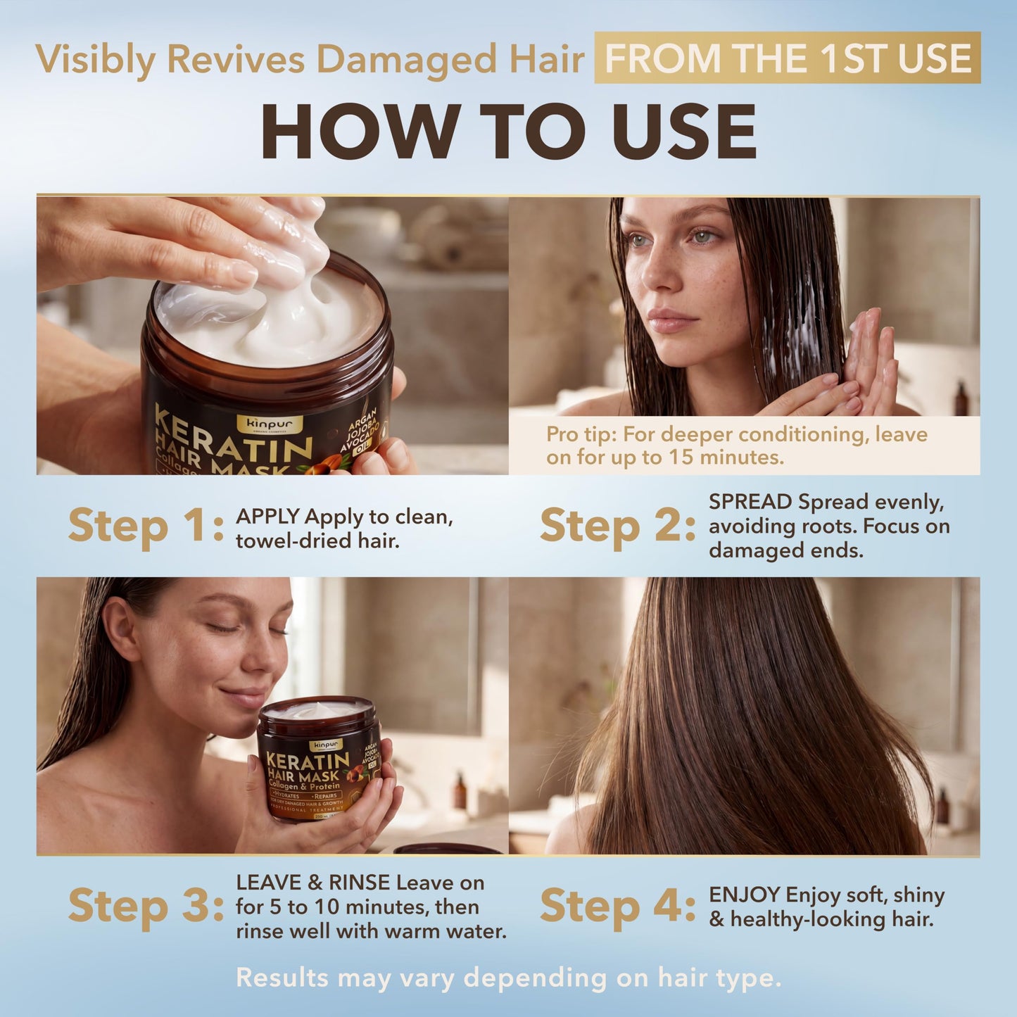 KINPUR ORGANIC COSMETICS Keratin Hair Mask for Dry & Damaged Hair – Deep Conditioning Hair Treatment with Coconut, Jojoba & Avocado Oils, Collagen & Protein – Hydrating Hair Mask, Color-Safe