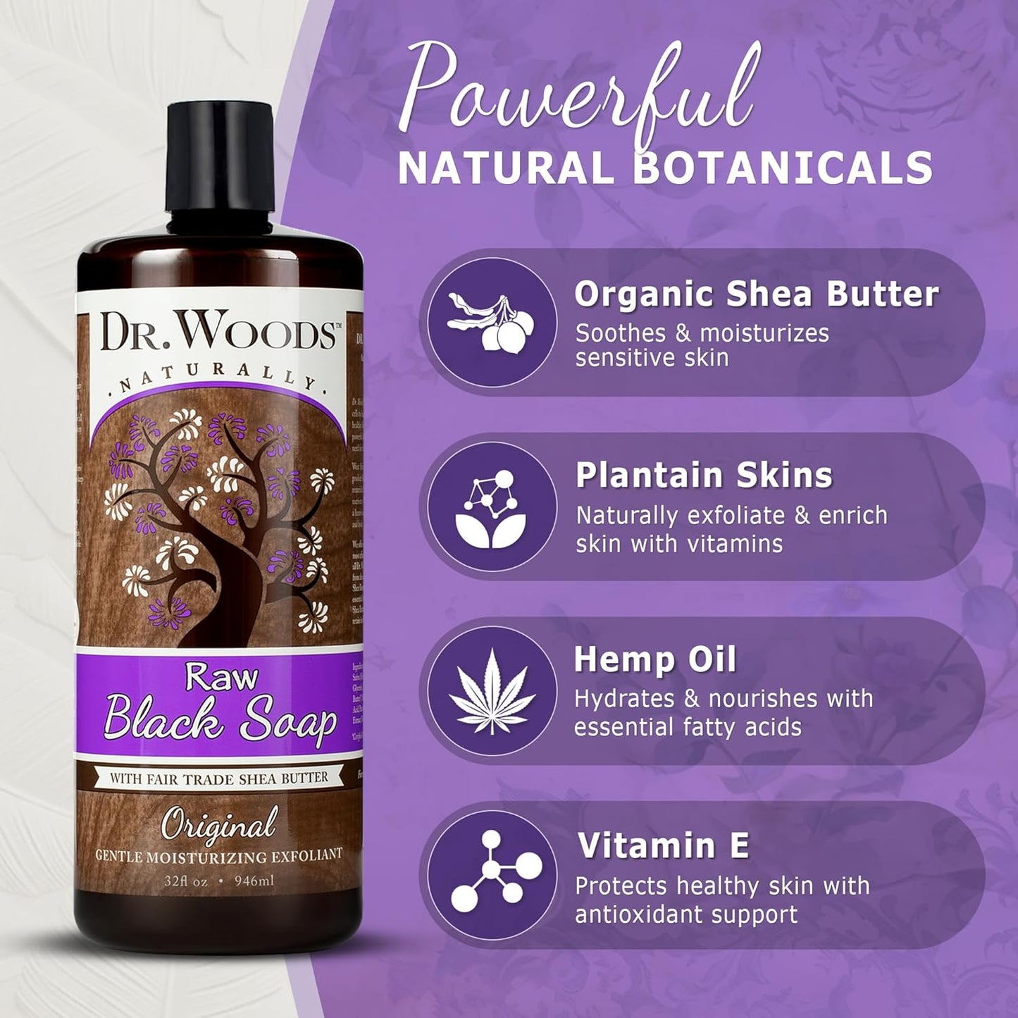 Dr. Woods Raw African Liquid Black Soap - Organic Shea Butter Body Wash | Gentle Exfoliant for Face & Body - 32 Fl Oz, Pack of 3