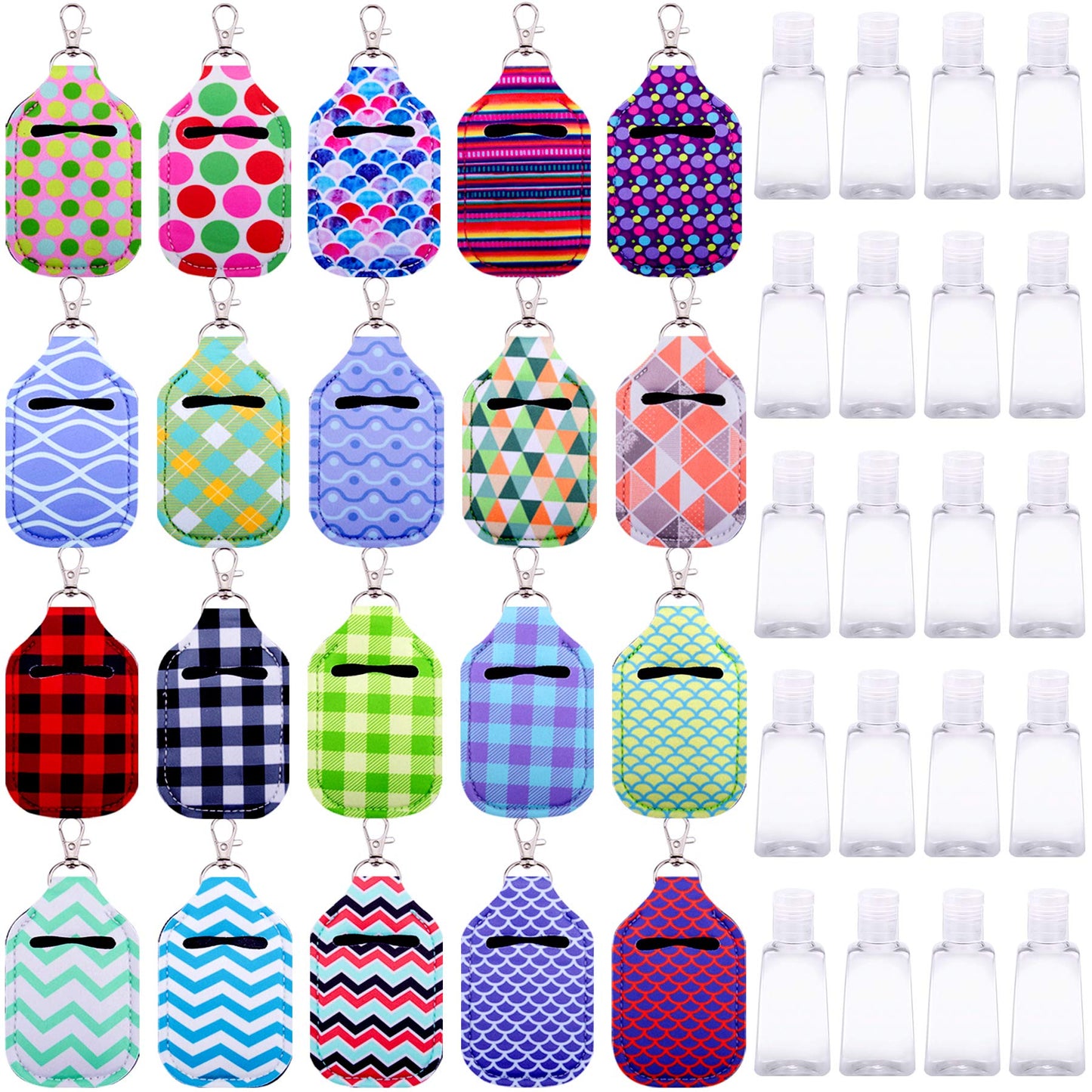Duufin 40 Pieces Christmas Hand Sanitizer Holder Empty Travel Bottle Set: 20 Hand Sanitizer Keychain Holders and 20 Reusable Flip Cap Travel Bottles