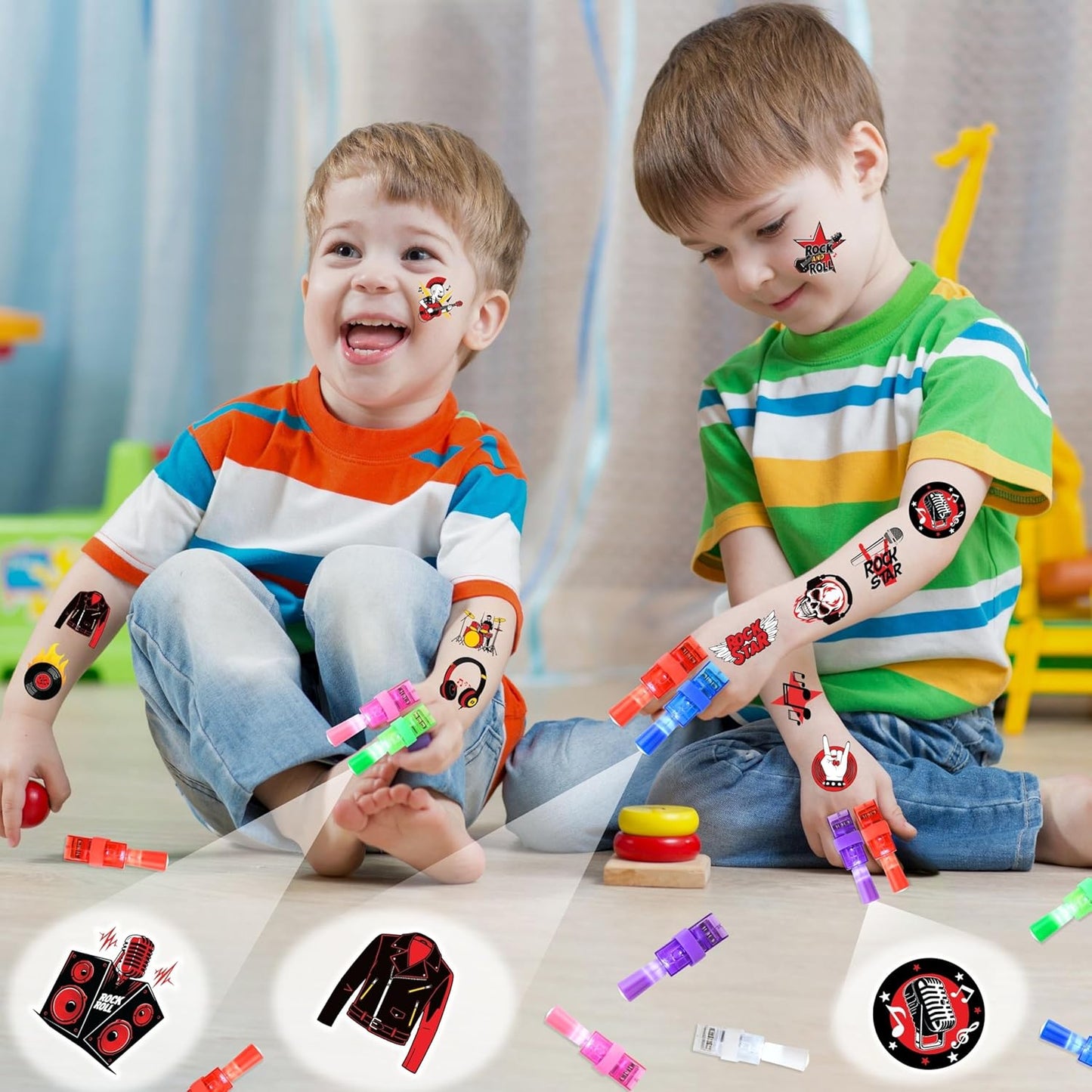 Rock Party Favors - 72 PCS LED Finger Lights & Tattoos Combo | Glow in the Dark Goodie Bag Fillers for Kids