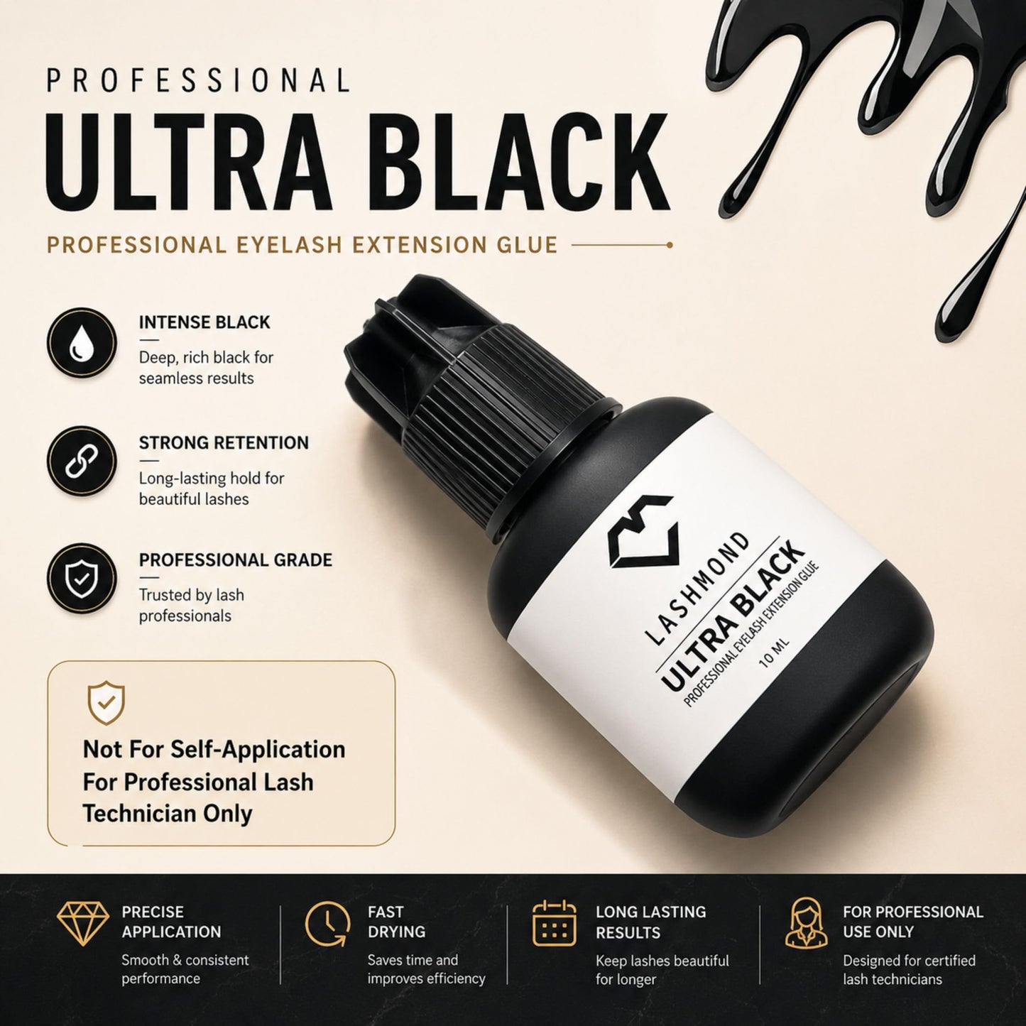Lashmond Pro Strong Eyelash Extension Glue Ultra Black -Lash Adhesive (10 ml) / 2-3 Sec Drying time/Retention – 6 to 8 Weeks/Maximum Bonding Power/Black Adhesive for Semi-Permanent Extensions
