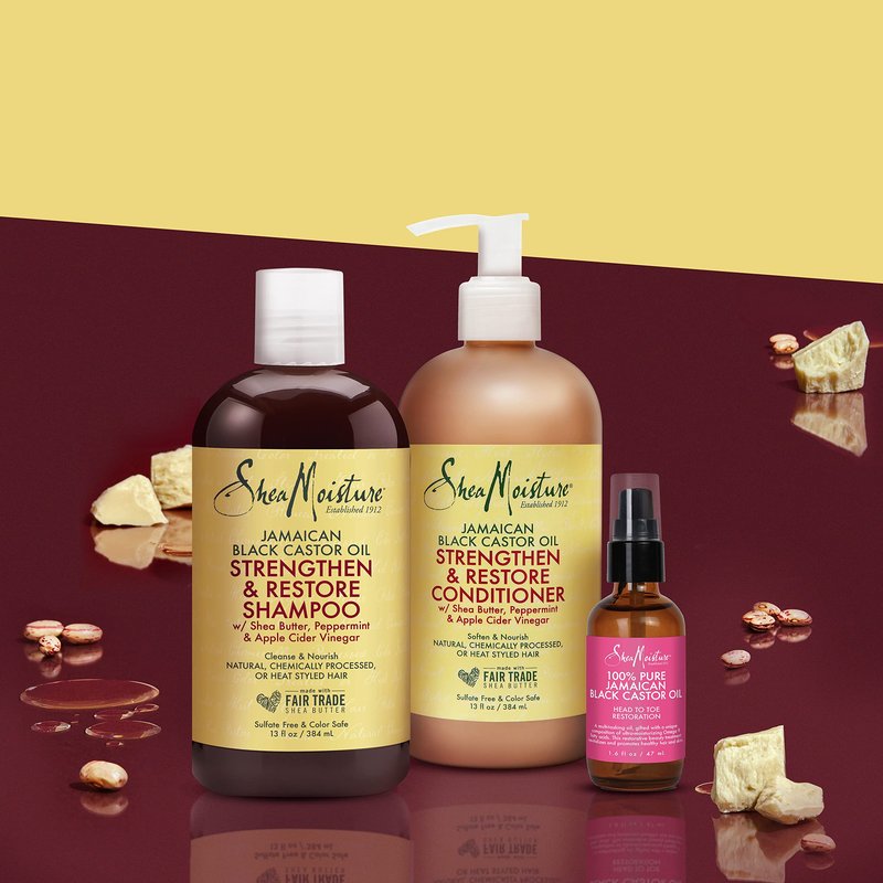 SheaMoisture Strengthen and Restore Shampoo, Conditioner & Head-To-Toe Restoration Body Care Oil Jamaican Black Castor Oil for Dry Skin & Hair Skin and Hair Care Regimen with Shea Butter