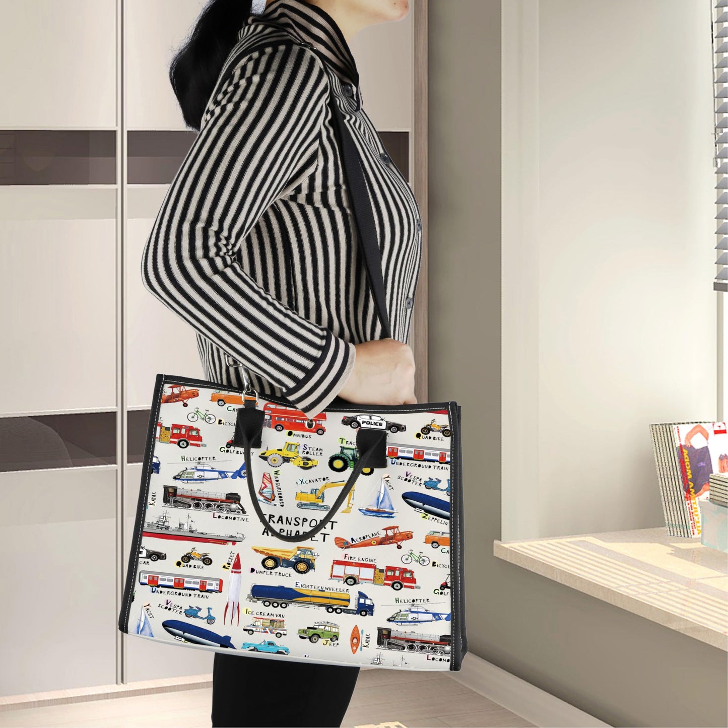 LEVLO Transport ABC Canvas Tote Bag Vehicle Alphabet Gift Transport Alphabet Shoulder Bag Car A-Z Merchandise (Transport LT)