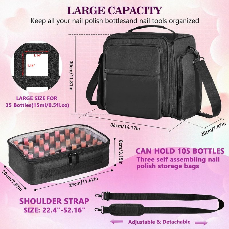 Nail Polish Organizer Case - Extra Large 105 Bottle Capacity | 3 Removable Pouches for Manicure Tools & Supplies