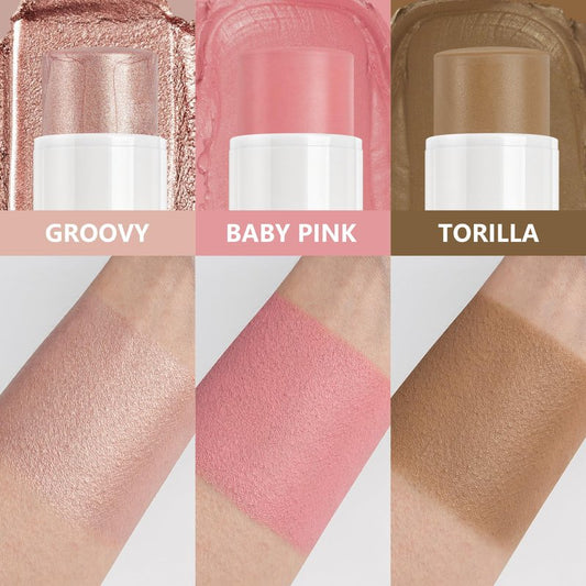 3Pc Cream Contour Stick Makeup, Hightlighter Makeup + Bronzer Stick + Cream Blush, Waterproof Cream Contouring Pen Non Stick Non Greasy Long Lasting Lightweight Face Makeup Kit,Fair-Light