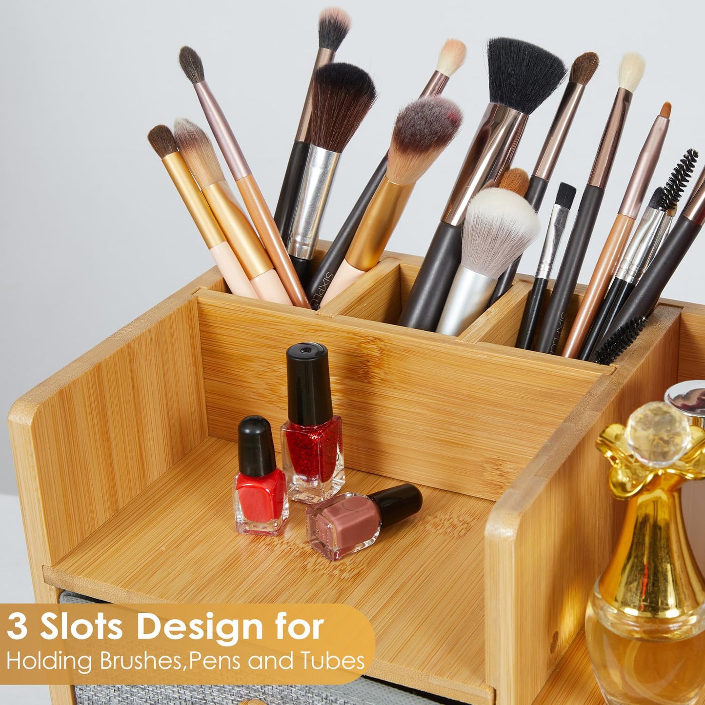Large Makeup Organizer Countertop For Vanity Dresser, Bamboo Bathroom Counter Organizers And Storage,Cosmetic Skincare Perfume Organizer With 3 Makeup Brush Holder/2 Drawers/5 Shelves /8 Compartments