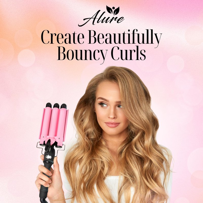 Alure Three Barrel Curling Iron Wand Hair Waver with LCD Temperature Display - 1 Inch Ceramic Tourmaline Triple Barrels, Dual Voltage Crimp