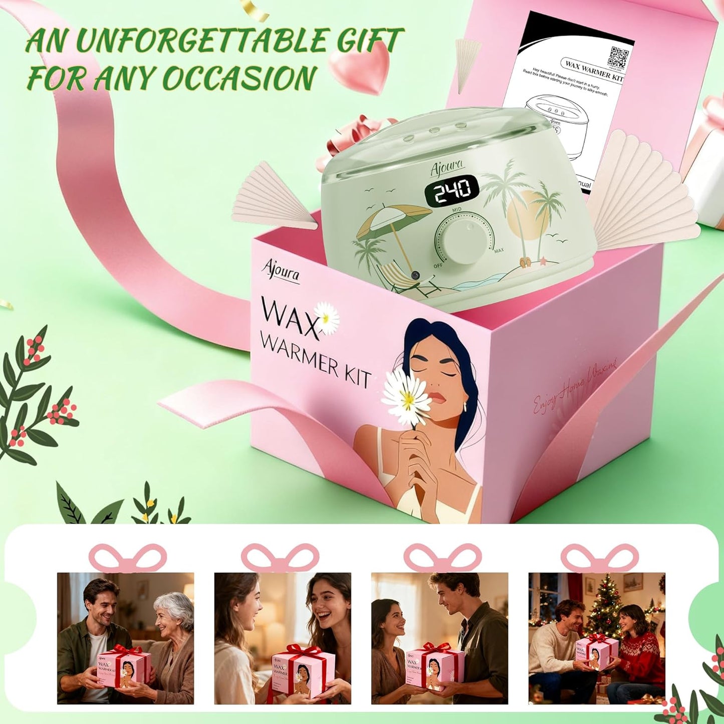 Digital Wax Warmer Kit - 10-Minute Quick Heat Hair Removal System with Precision Temp Control | Includes 30 Wax Sticks, Light Green