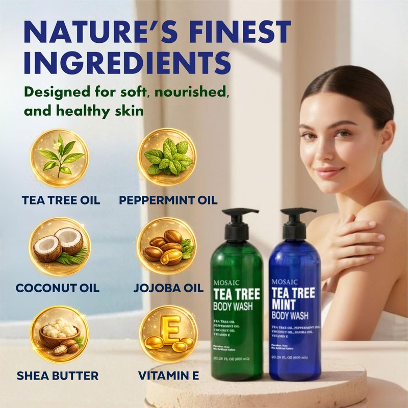 Tea Tree Body Wash with Mint & Shower Gel with Vitamin E for Jock Itch, Eczema, Ringworm, Body Odor, Body Wash Women & Men with Added Body Oils,LARGE 20.2 FL Oz Bottle (Tea Tree Mint, Pack of 3)