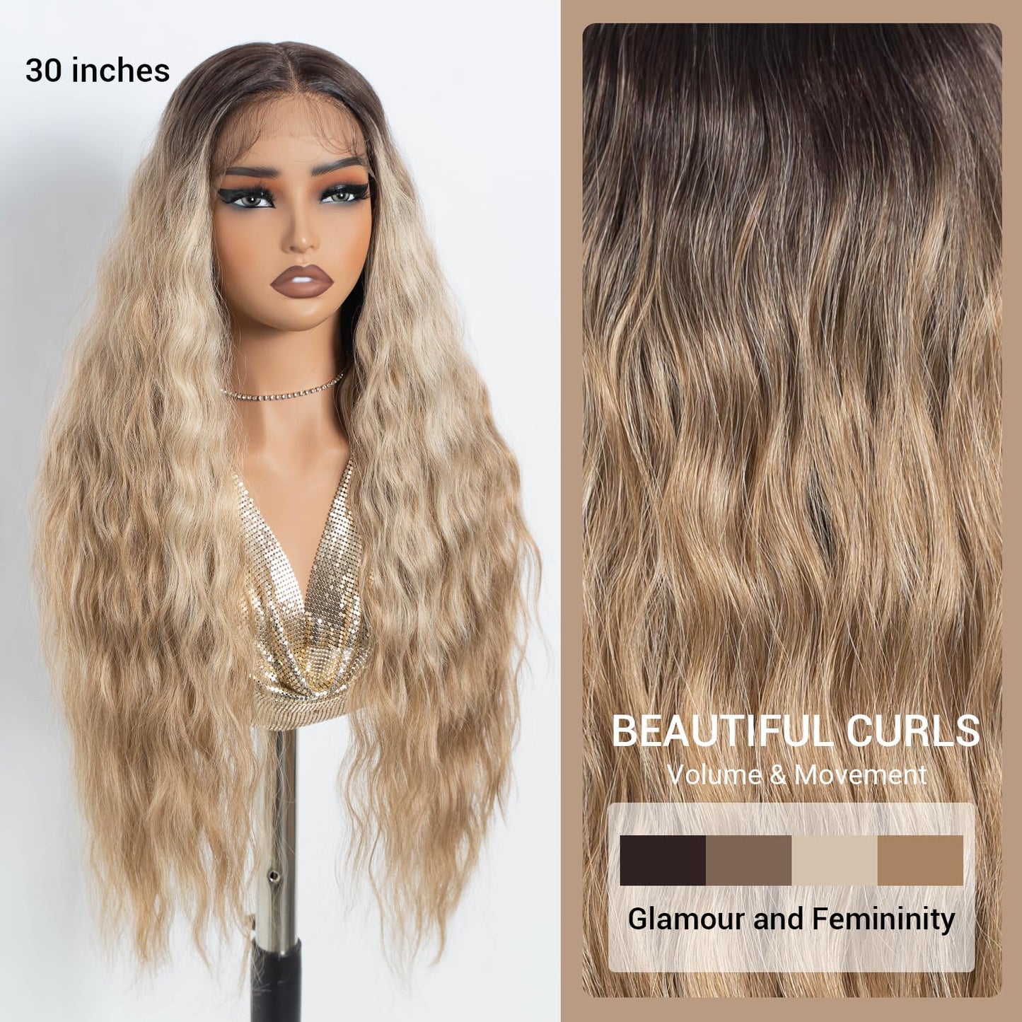 NOBLE Long Wavy Lace Front Wig - Ash Blonde 30 Inch Synthetic Hair | Heat Resistant for Daily Wear