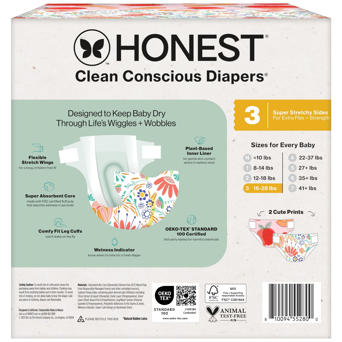 The Honest Company Comfort Dry Disposable Daytime Diapers for Sensitive Skin, Hypoallergenic, Fragrance-Free, Just Peachy + Flower Power, Club Box, Size 3 (16-28 lbs), 62 Count