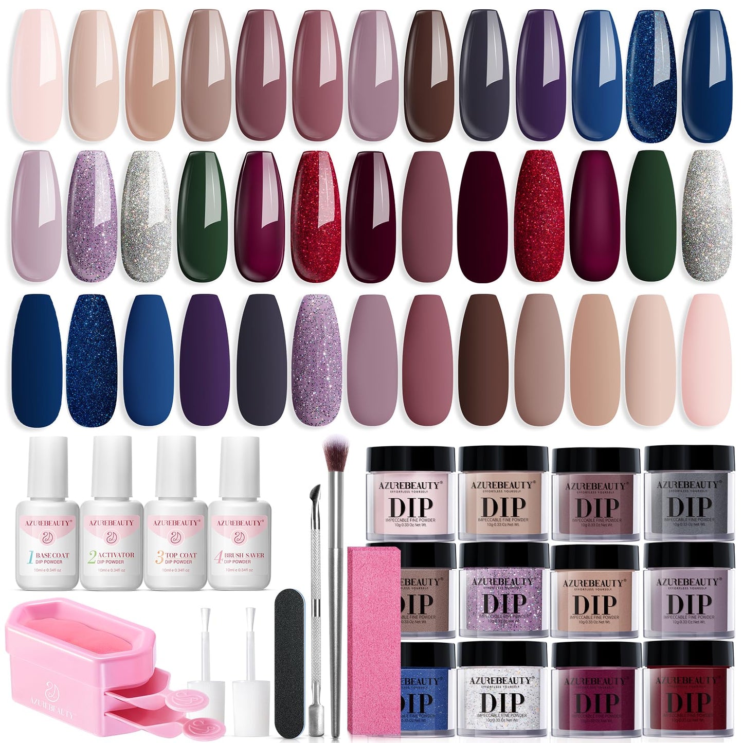 AzureBeauty Dip Powder Nail Kit Starter 20 Colors Nude Brown Glitter Purple Blue Dipping Powder Liquid Set with Top/Base Coat Activator for French Nail Art Manicure DIY Salon Gifts for Women