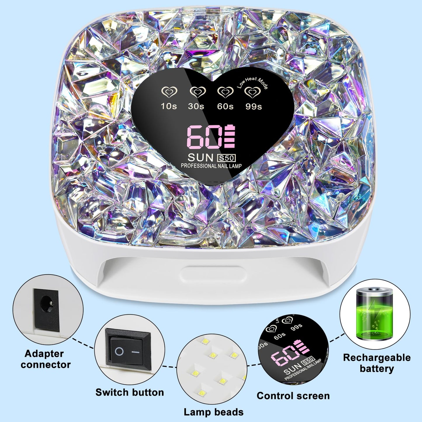 LIMEGIRL UV LED Nail Lamp Kit for Gel Polish Professional Fast White Diamond Design Curing Dryer Light Set with 4 Timers and Gloves Cordless Rechargeable Nail Art Cure Machine at Home and Salon