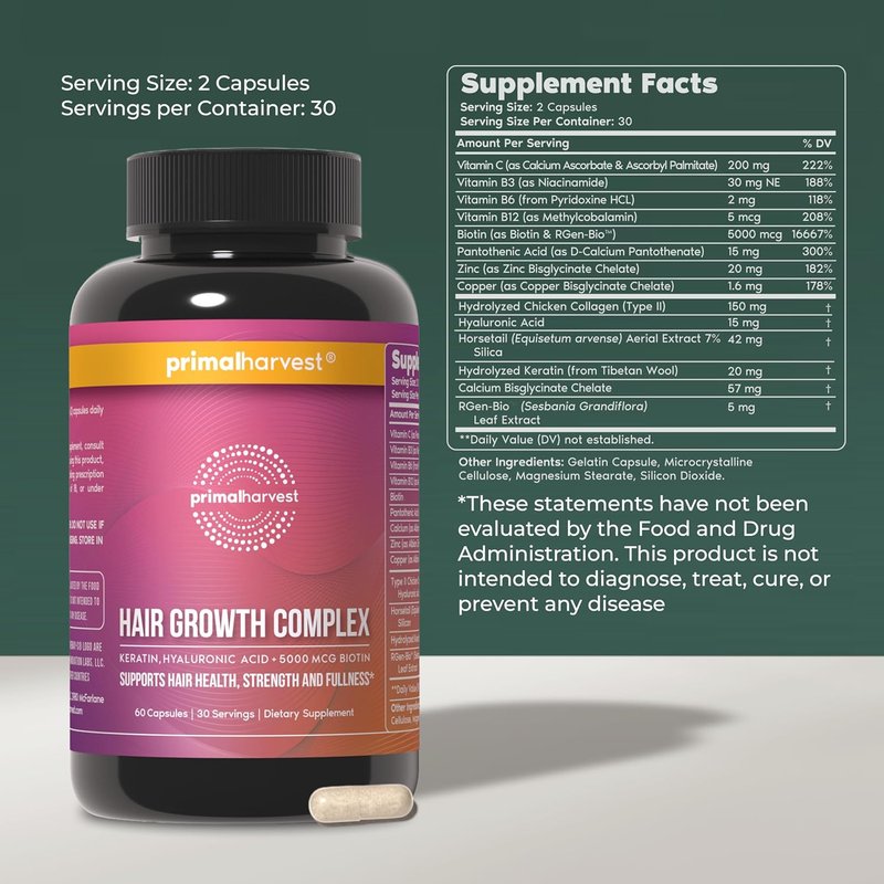 Primal Harvest Hair Growth Vitamins - Natural Biotin & Zinc Supplement for Thicker Hair | 60 Capsules