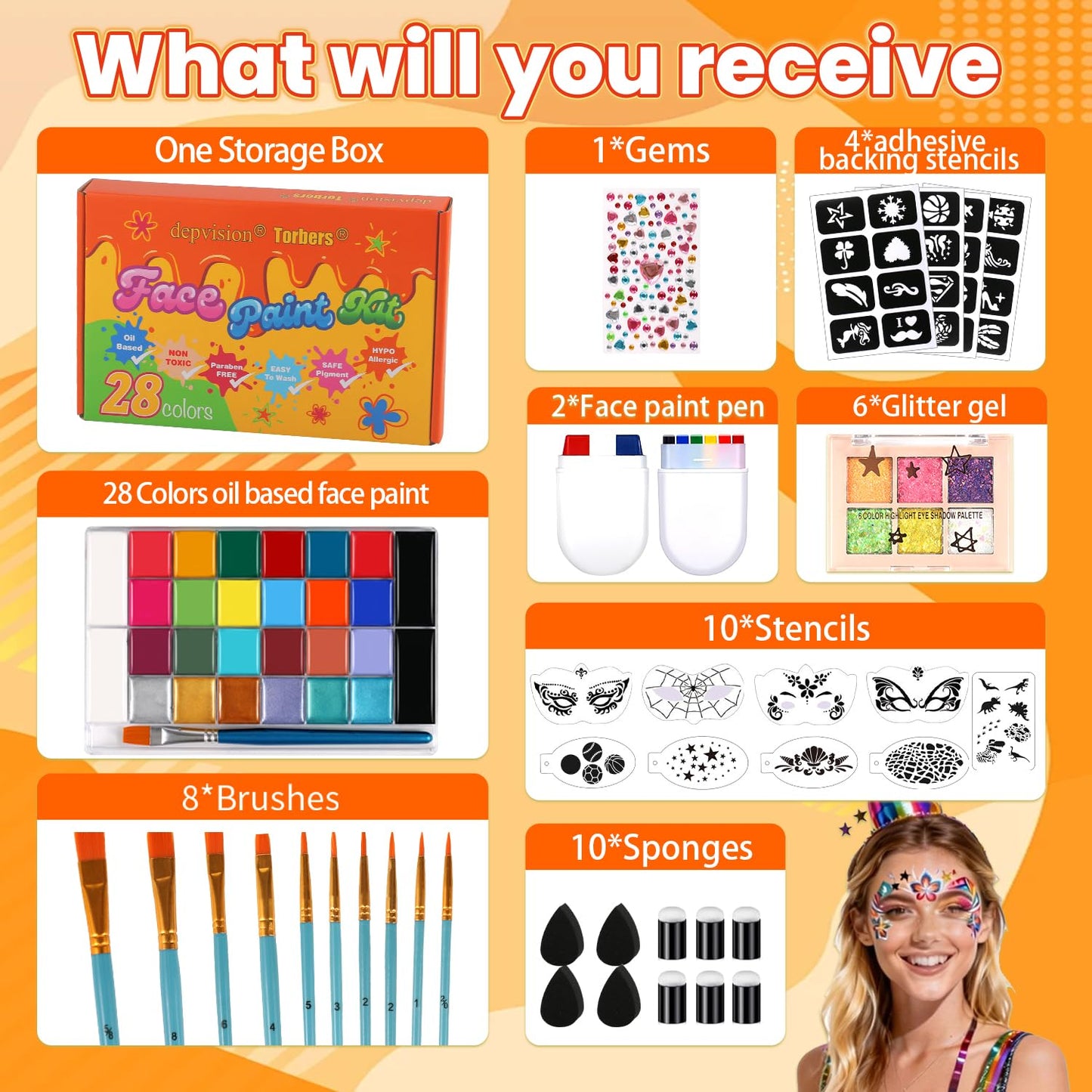 Face Painting Kit for kids, 28 Colors Oil Palette Professional Face Body Paint Kit with 10 pcs brushes, 41 stencils, 10 sponges, 6 Glitter Gel, 2 Facepaint Stick for Adults Halloween Christmas