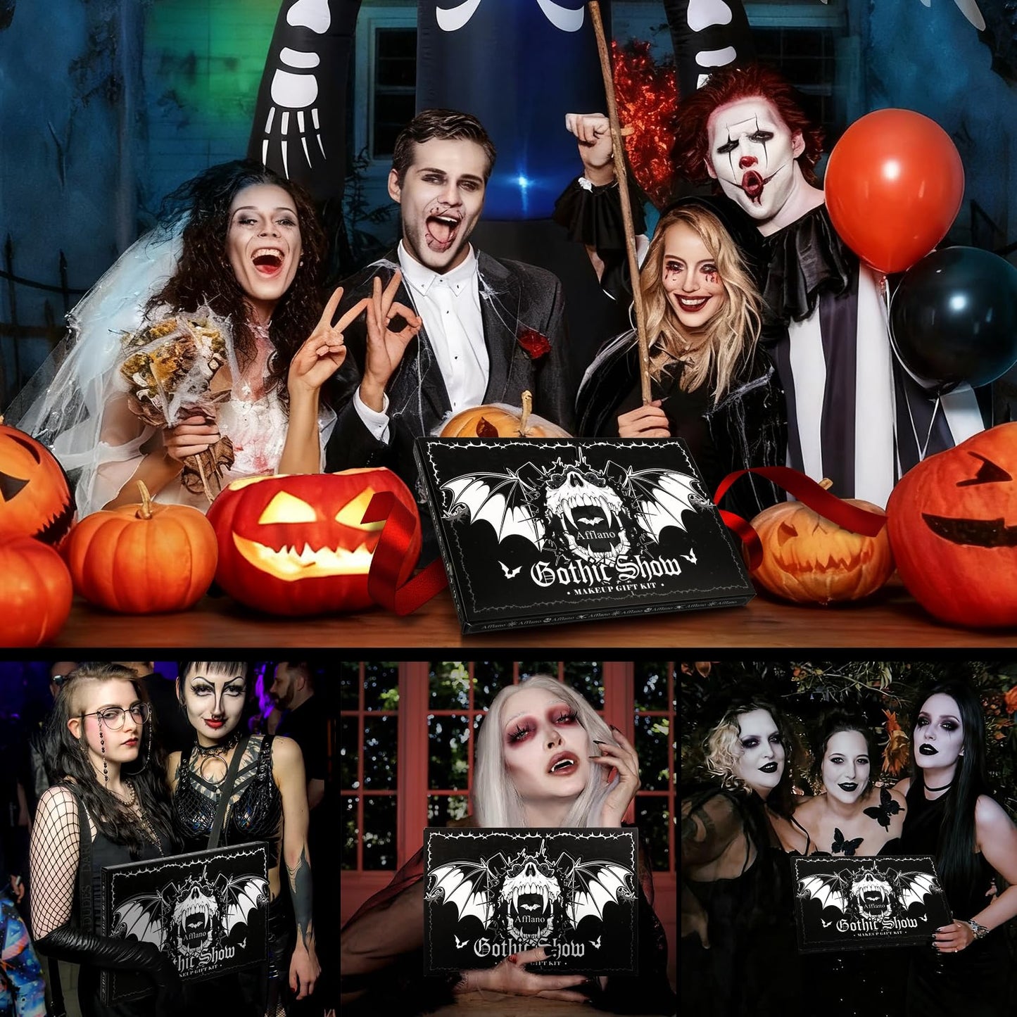 Goth Makeup Kit – Complete Gothic Make up Set for Vampire, Witch, Clown, Emo, Grunge, Theater, Halloween SFX with White Foundation, Red Eyeshadow Palette, Black Lipstick, Eyelashes, Eyeliner, Nails