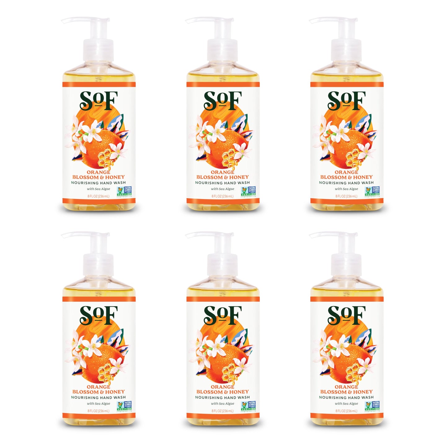 SoF Nourishing Hand Wash - With Moisturizing Sea Algae, Coconut & Olive Oil- Vegan & Non GMO- Free From Phthalates, Sulfates & Parabens- Orange Blossom & Honey - 8 oz Bottle 6 Pack