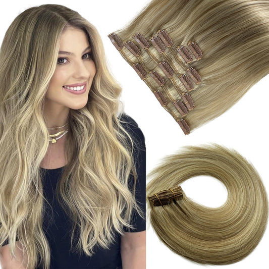 Seamless Clip in Hair Extensions Real Human Hair for Women 18 inch 70 gram Balayage Ash Brown to Platinum Blonde Soft Straight Clip in Hair Extensions 7PCS