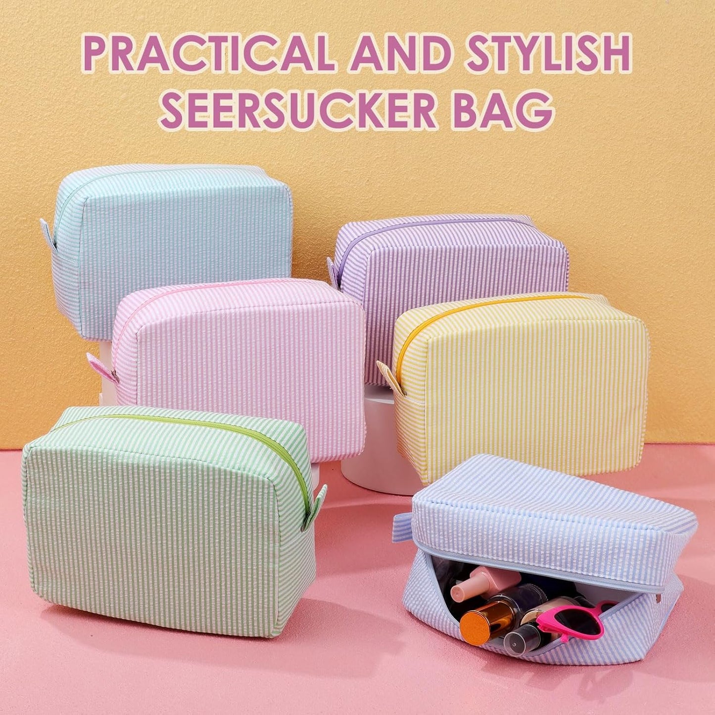 Seersucker Cosmetic Bag - Cute Striped Makeup Organizer for Women | Large Macaron Color Travel Pouch