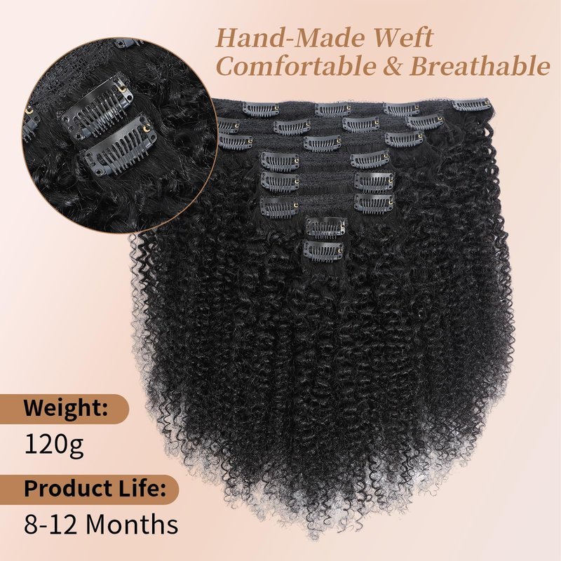 Afro Kinky Curly Clip Ins Human Hair 4C Hair Clip in Extensions Real Natural Human Hair for Black Women 8 pecs with 20 Clips 120g Natural Black Color 14 Inch