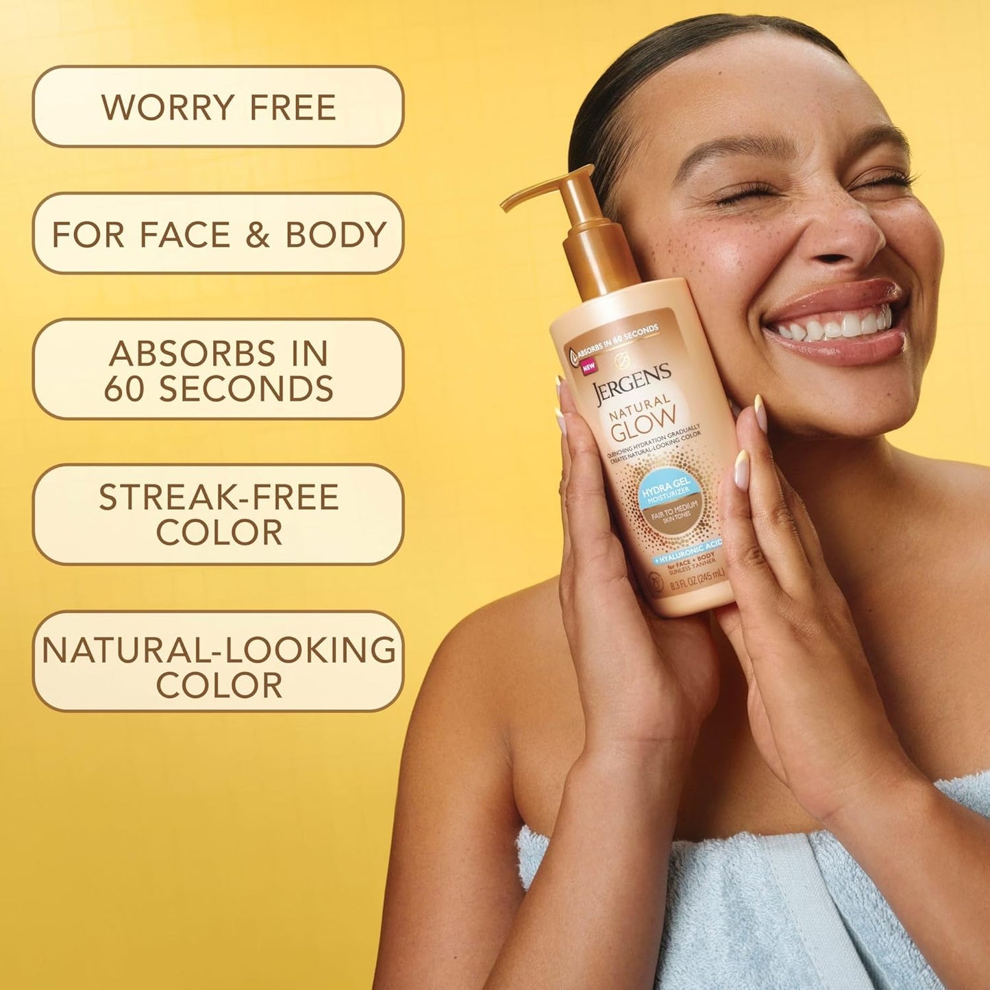 Jergens Natural Glow - Gradual Tanning Lotion with Hyaluronic Acid | Fragrance-Free, 8.3 Fl Oz for Fair to Medium Skin Tone
