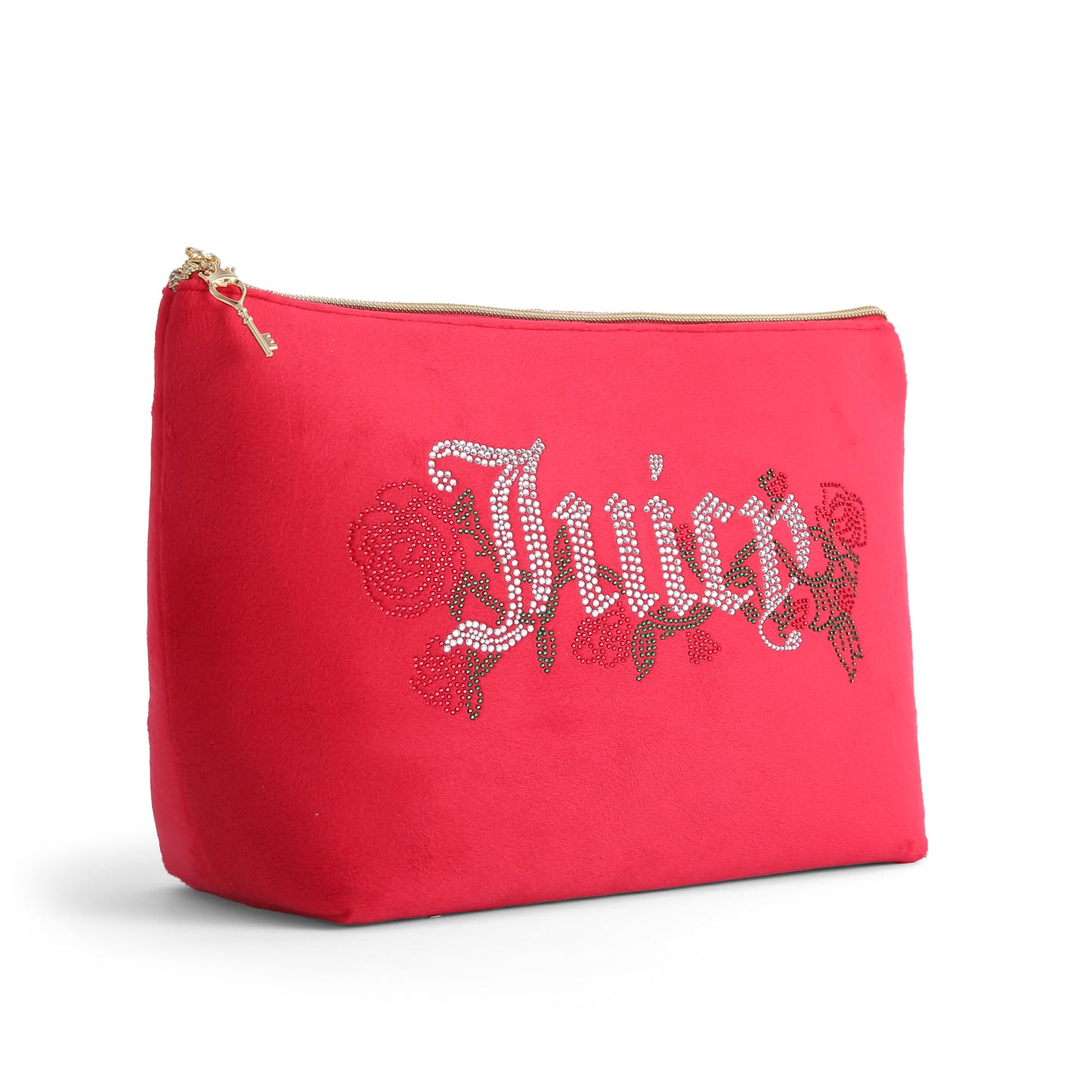 Juicy Couture Red Makeup Bag Cosmetics Organizer Travel Essentials Top Zip Pouch Velour Rhinestone Roses