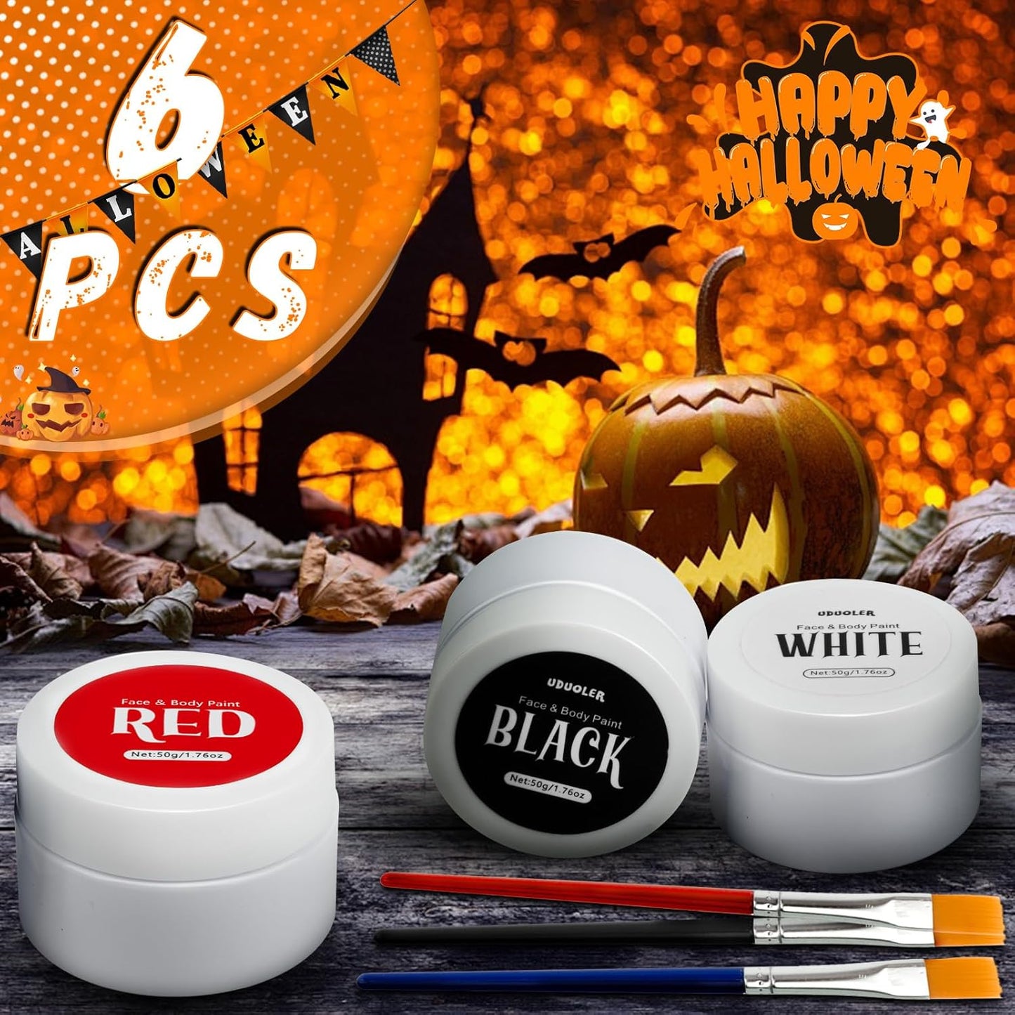 Black & White & Red Face Body Paint Set - Non-Toxic Professional Palette Kit with 3 Brushes for Art, Theater, Halloween, Cosplay | 5.28oz